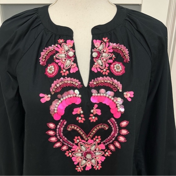 Lilly Pulitzer Iva Embellished Top Black Pink V-Neck Boho Long Sleeve SZ XXS - Picture 4 of 10